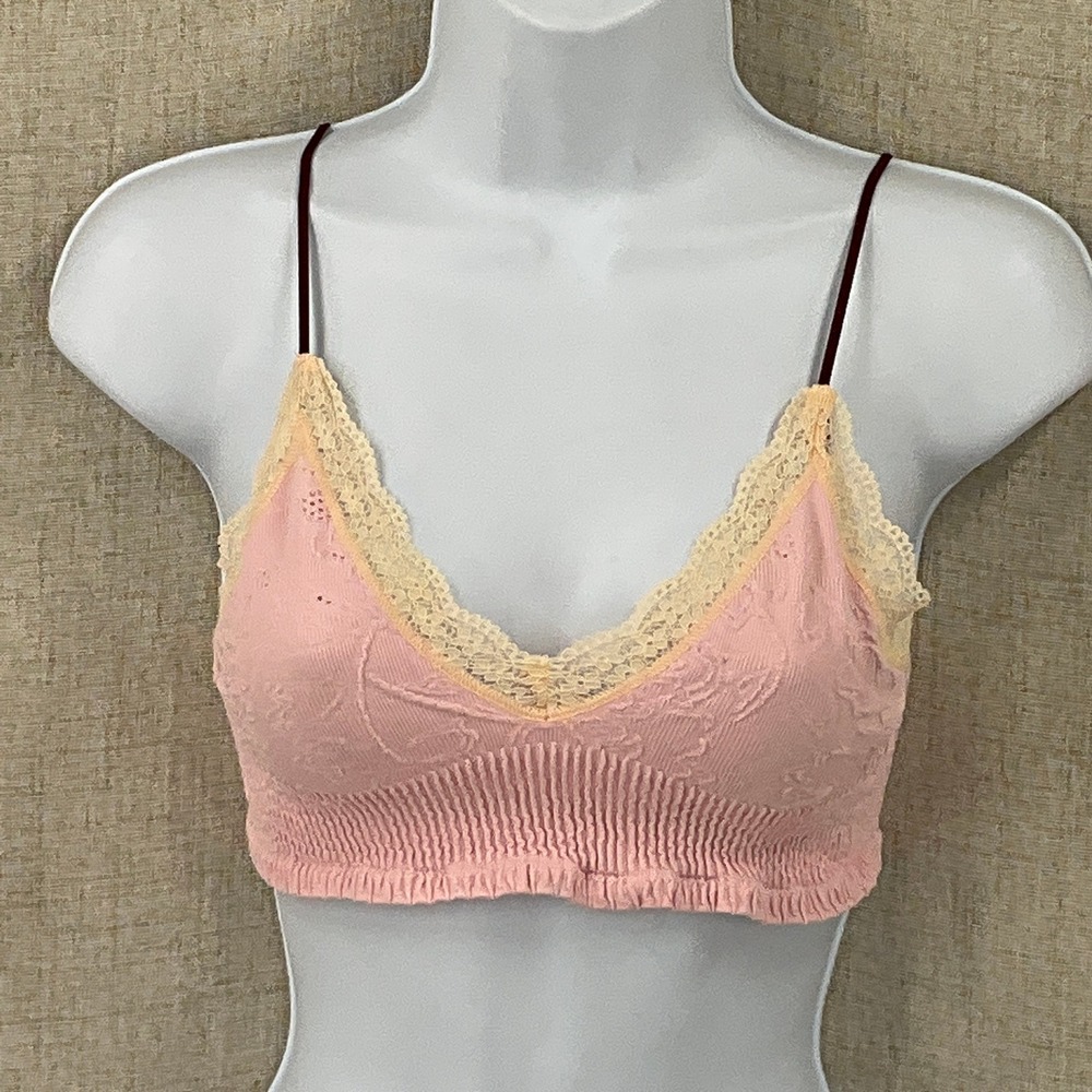 Free People Bralette Women M/L Pink Ribbed Lace Trim Boho Balletcore Soft Girl